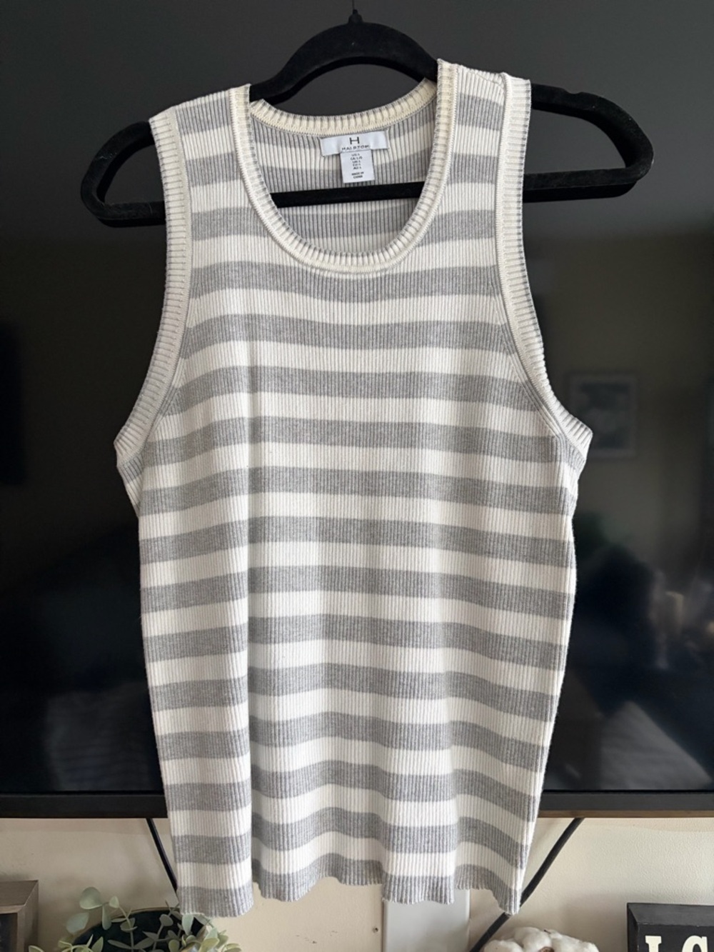 H by Halston Cream and Gray Striped Knit Tank Top